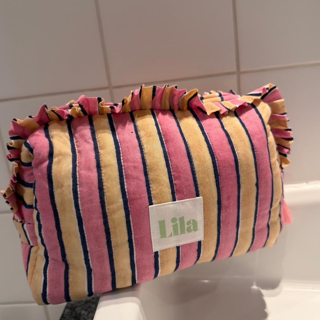 Toiletry bag - Stripes - Ruffle - Pink - Butter yellow - Large