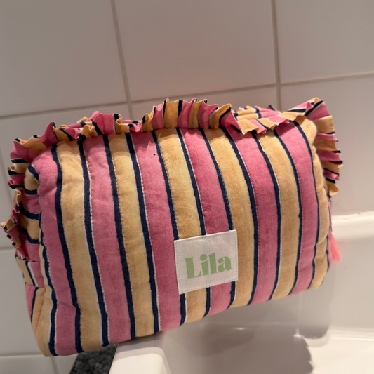 Toiletry bag - Stripes - Ruffle - Pink - Butter yellow - Large