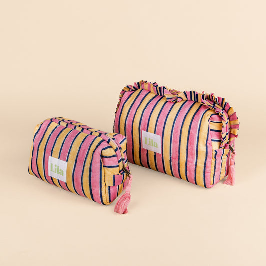 Kulturbeutel - Streifen - Rosa - Buttergelb - Set